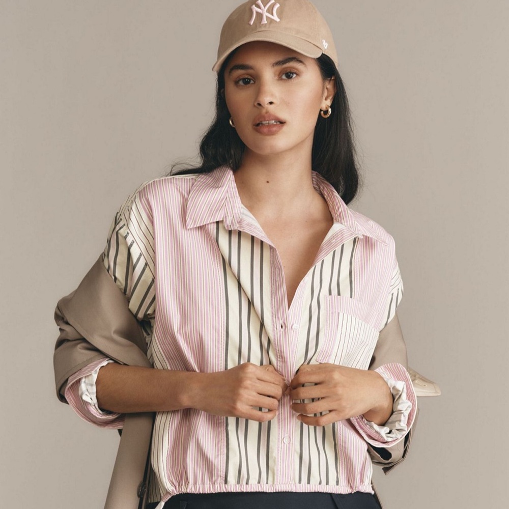 Anthropologie Striped Drawstring Button-Front Blouse. Size M (can fit up to XL) - Picture 4 of 10